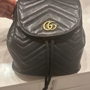 GUCCI Calfskin Matelasse GG Marmont Flap Backpack Black with Gold Hardware